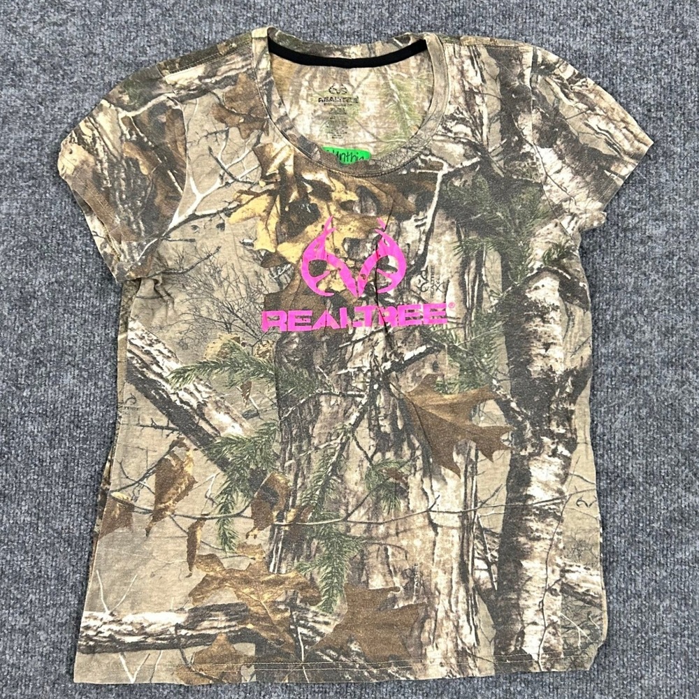 Realtree T Shirt Womens Size XL Brown Camo Pink Logo Short Sleeve Crew Neck Tee